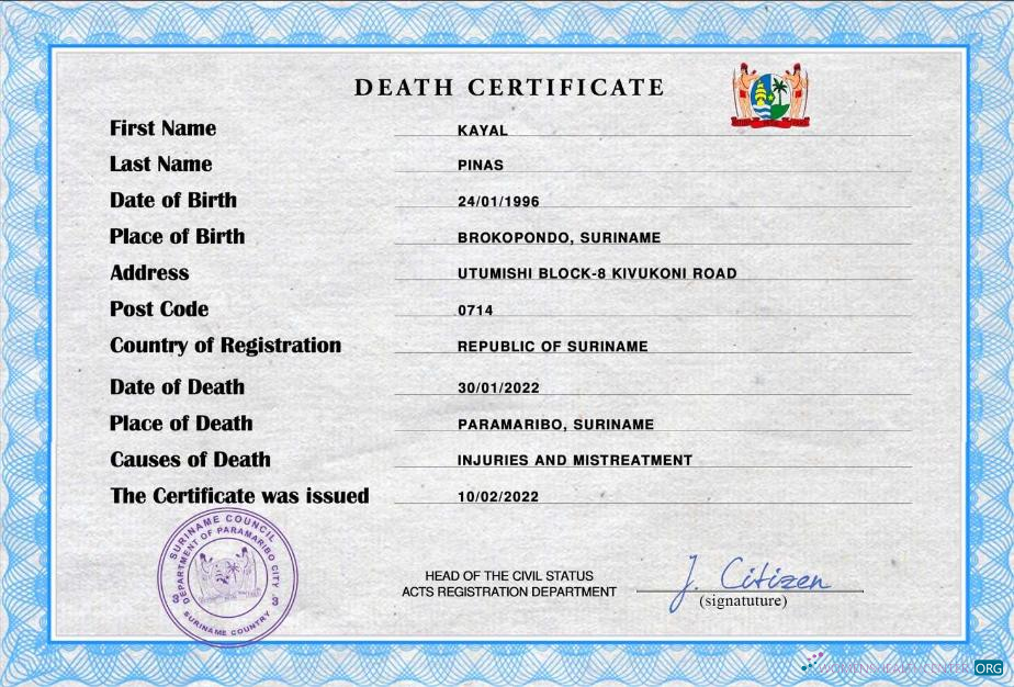 Download Suriname vital record death certificate PSD template Photoshop template